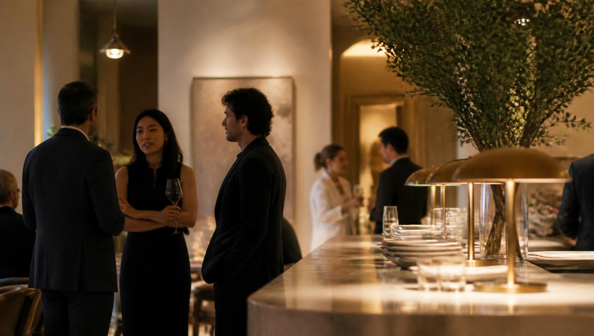 A stylish restaurant or bar with people in quiet conversation
