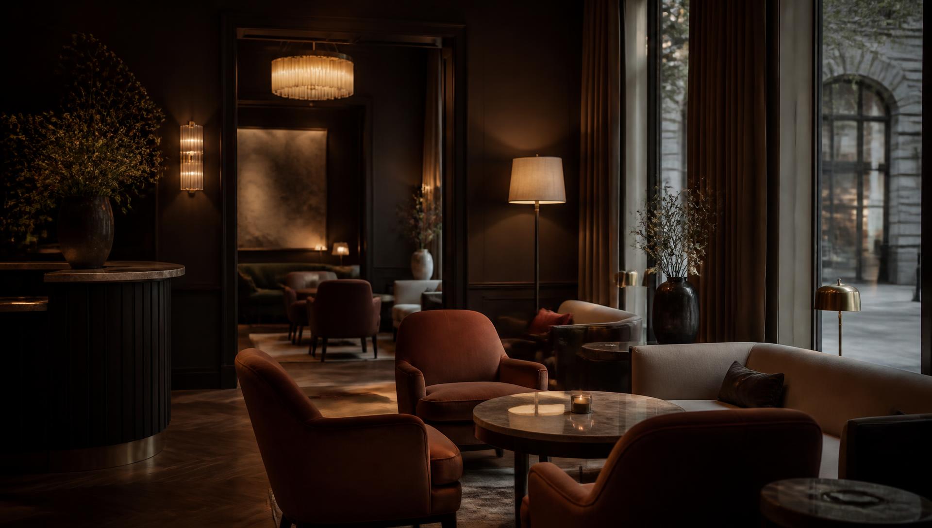 A warm, low-lit luxury hotel lounge at dusk